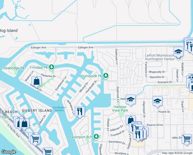 map of restaurants, bars, coffee shops, grocery stores, and more near 16293 Wayfarer Lane in Huntington Beach