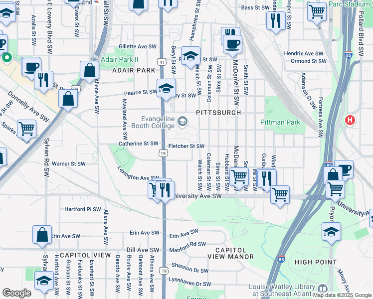 map of restaurants, bars, coffee shops, grocery stores, and more near 580 Fletcher Street Southwest in Atlanta