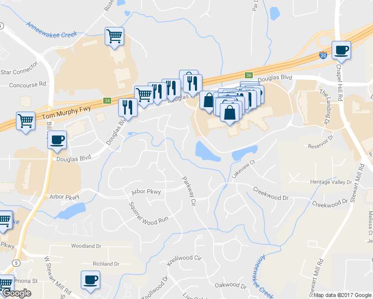 map of restaurants, bars, coffee shops, grocery stores, and more near 6857 Lakewood Terrace in Douglasville