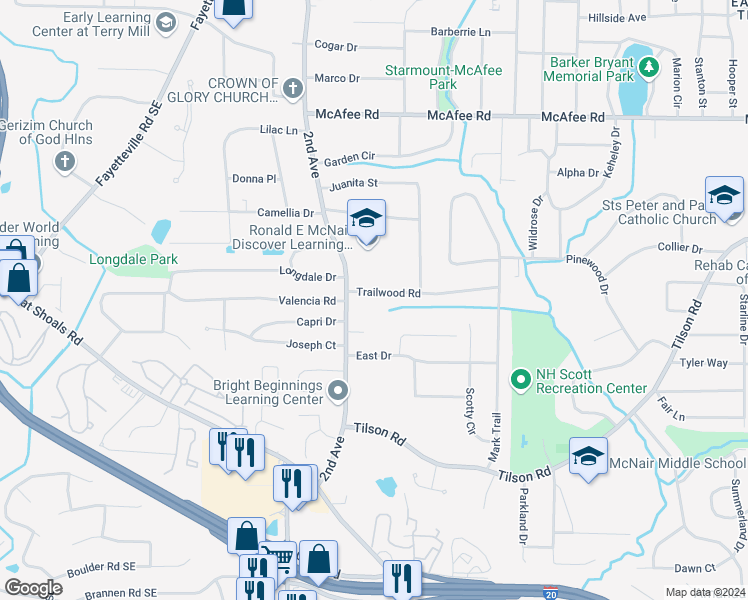 map of restaurants, bars, coffee shops, grocery stores, and more near 2041 Trailwood Road in Decatur