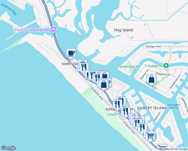 map of restaurants, bars, coffee shops, grocery stores, and more near 16232 Piedmont Circle in Huntington Beach