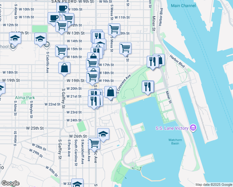map of restaurants, bars, coffee shops, grocery stores, and more near 385 West 20th Street in Los Angeles