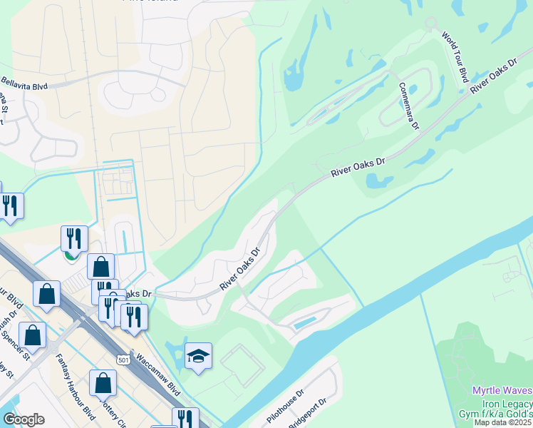 map of restaurants, bars, coffee shops, grocery stores, and more near 585 Blue River Court in Myrtle Beach