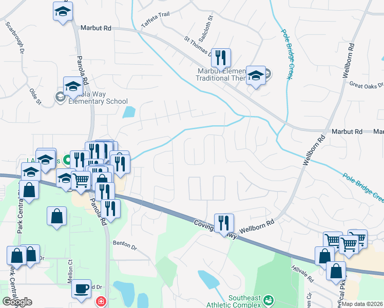 map of restaurants, bars, coffee shops, grocery stores, and more near 5390 Wellborn Creek Drive in Lithonia