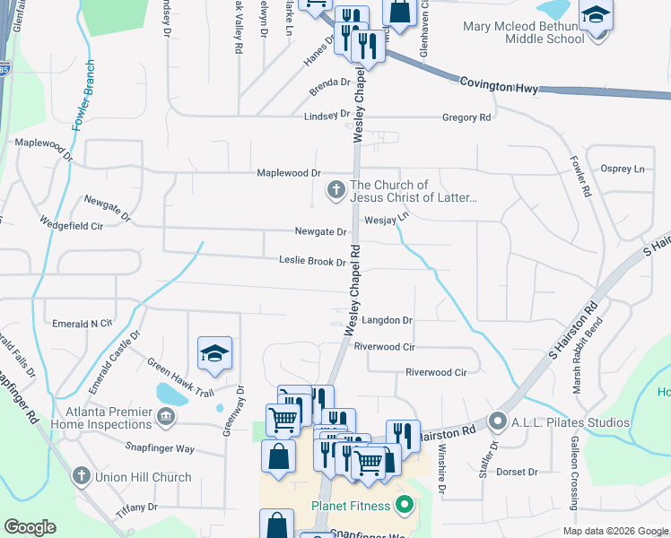 map of restaurants, bars, coffee shops, grocery stores, and more near 2481 Leslie Brook Drive in Decatur