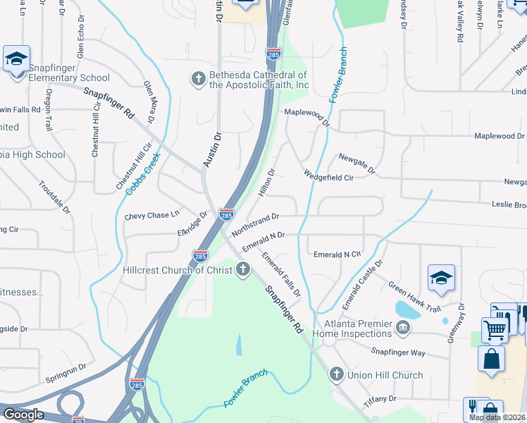 map of restaurants, bars, coffee shops, grocery stores, and more near 3869 Bressler Circle in Decatur