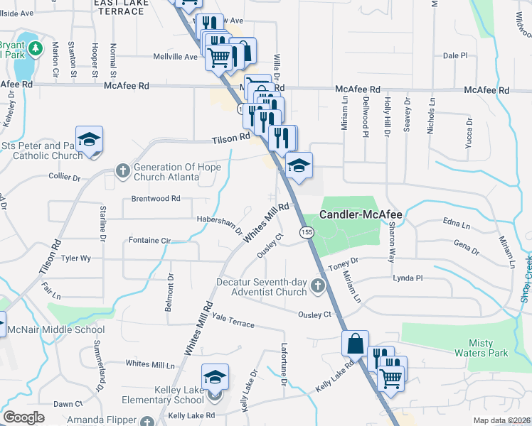 map of restaurants, bars, coffee shops, grocery stores, and more near 2077 Whites Mill Road in Decatur