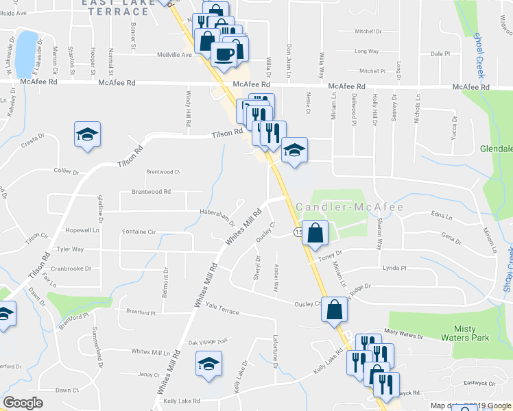 map of restaurants, bars, coffee shops, grocery stores, and more near 2077 Whites Mill Road in Decatur