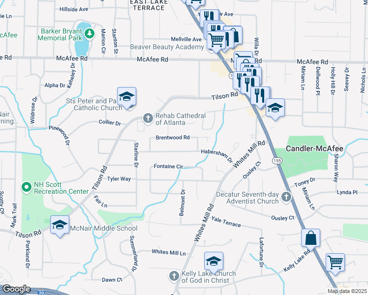 map of restaurants, bars, coffee shops, grocery stores, and more near 2537 Brentwood Road in Decatur