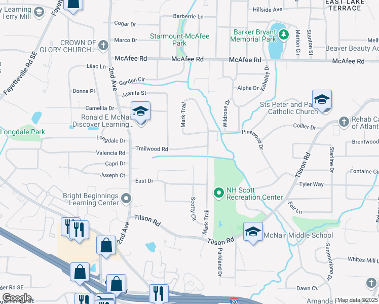 map of restaurants, bars, coffee shops, grocery stores, and more near 2133 Trailwood Road in Decatur