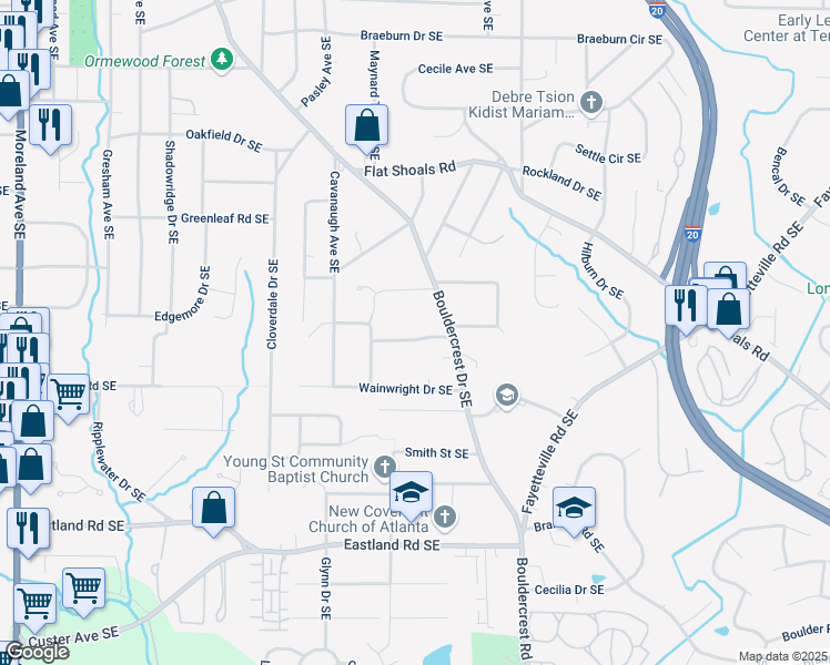 map of restaurants, bars, coffee shops, grocery stores, and more near 1378 Lochland Road Southeast in Atlanta