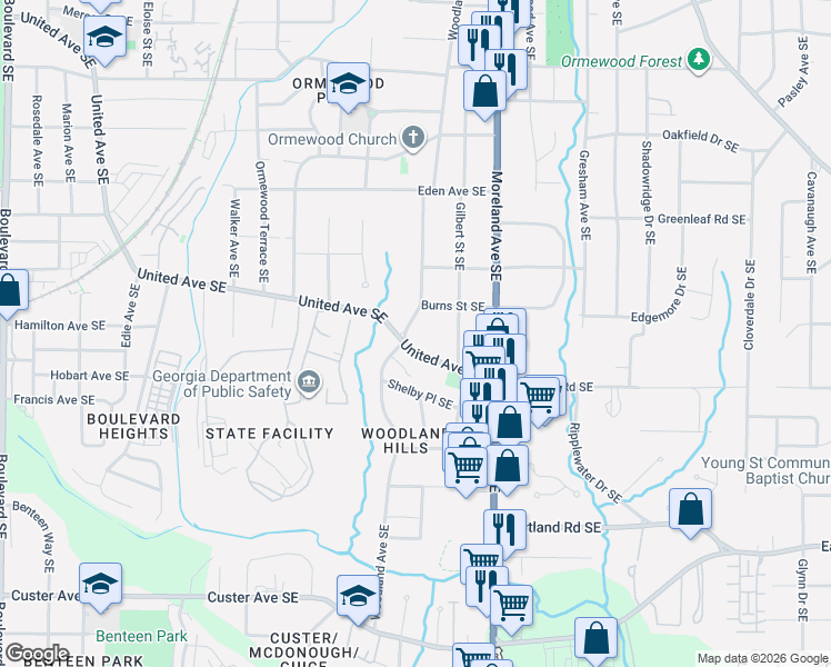 map of restaurants, bars, coffee shops, grocery stores, and more near 1040 Woodland Avenue Southeast in Atlanta