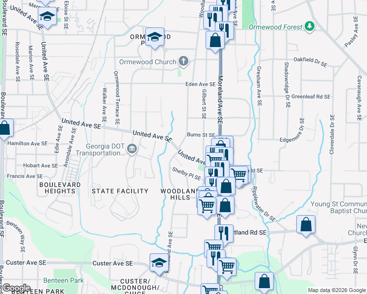 map of restaurants, bars, coffee shops, grocery stores, and more near 1060 Woodland Avenue Southeast in Atlanta