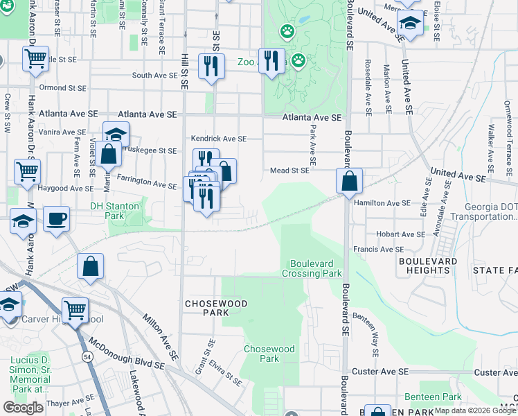 map of restaurants, bars, coffee shops, grocery stores, and more near 400 Grant Cir SE in Atlanta