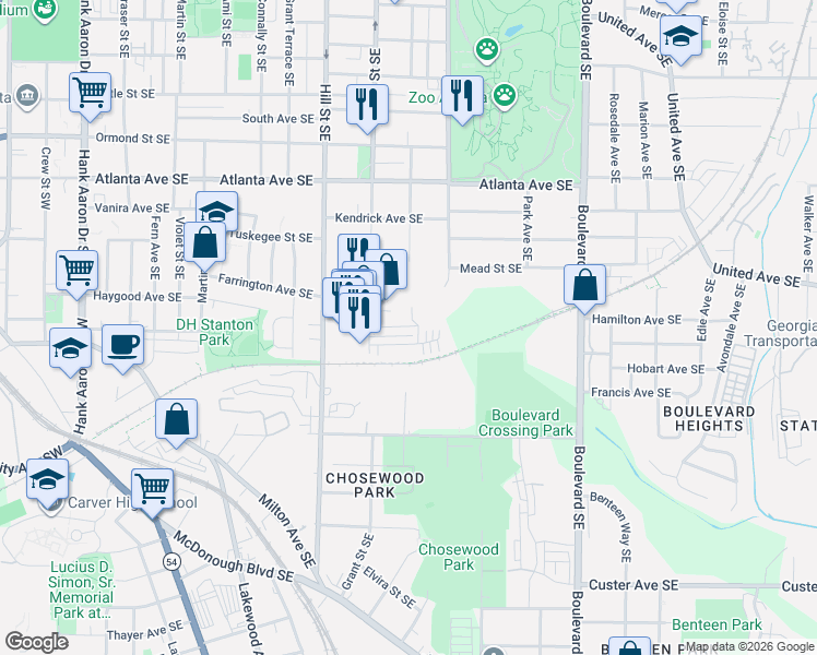 map of restaurants, bars, coffee shops, grocery stores, and more near 380 Grant Circle Southeast in Atlanta