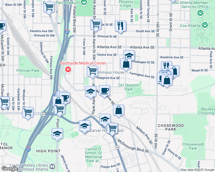 map of restaurants, bars, coffee shops, grocery stores, and more near 1043 Fern Avenue Southeast in Atlanta