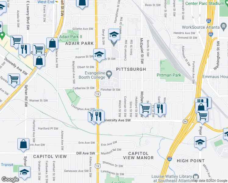 map of restaurants, bars, coffee shops, grocery stores, and more near 548 Fletcher Street Southwest in Atlanta