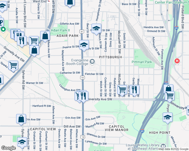map of restaurants, bars, coffee shops, grocery stores, and more near 580 Fletcher Street Southwest in Atlanta