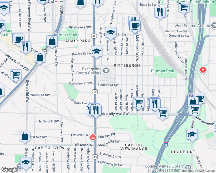 map of restaurants, bars, coffee shops, grocery stores, and more near 580 Fletcher Street Southwest in Atlanta