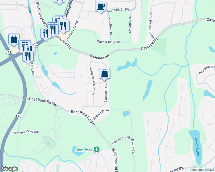 map of restaurants, bars, coffee shops, grocery stores, and more near 550 Cascade Rise Court Southwest in Atlanta