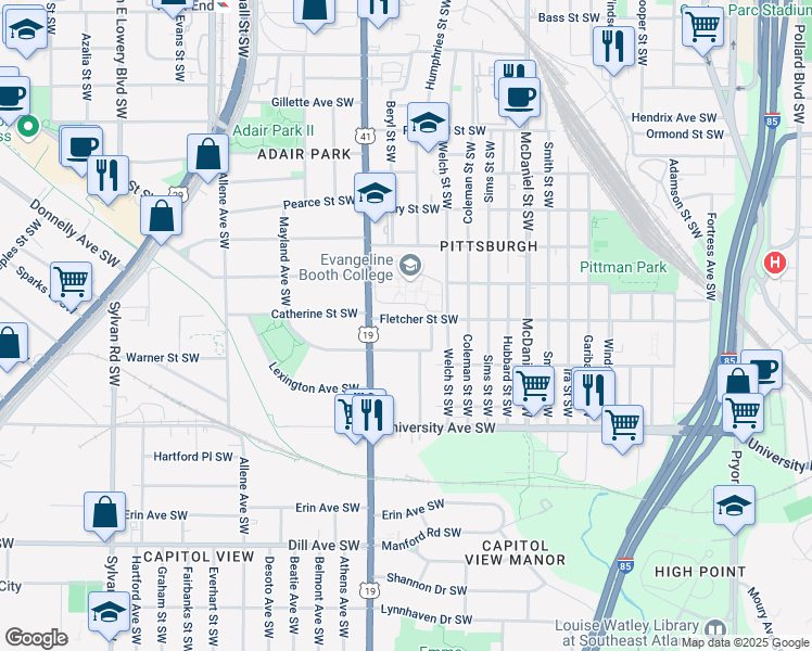 map of restaurants, bars, coffee shops, grocery stores, and more near 580 Fletcher Street Southwest in Atlanta