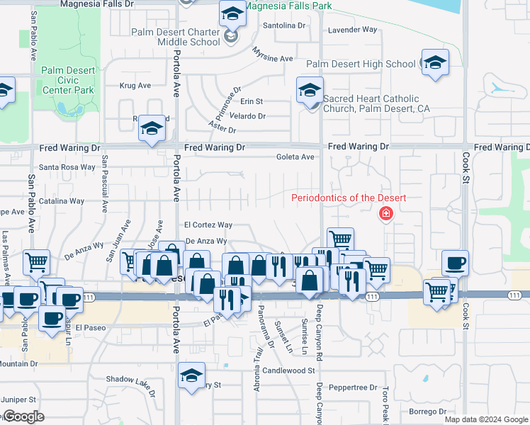 map of restaurants, bars, coffee shops, grocery stores, and more near 44475 Grand Canyon Lane in Palm Desert