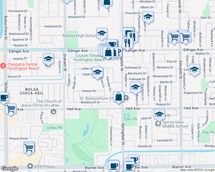 map of restaurants, bars, coffee shops, grocery stores, and more near 16301 Fairway Lane in Huntington Beach