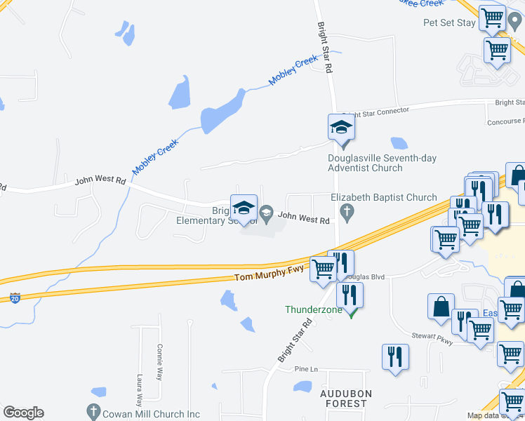 map of restaurants, bars, coffee shops, grocery stores, and more near 2924 Vogue Drive in Douglasville