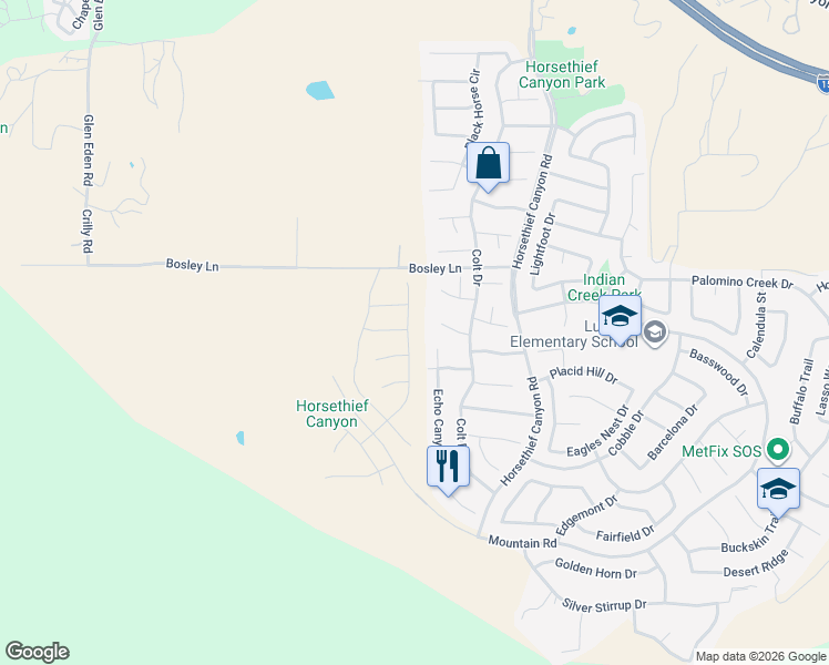 map of restaurants, bars, coffee shops, grocery stores, and more near 27150 Denali Court in Corona