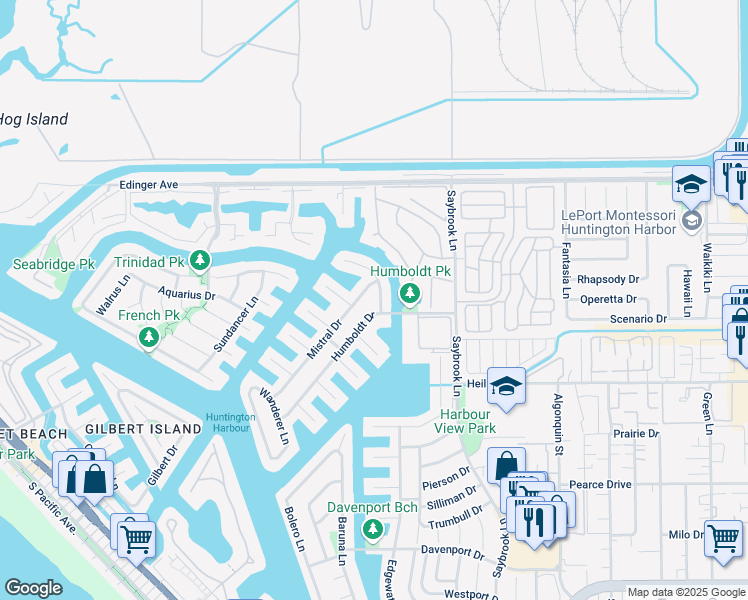 map of restaurants, bars, coffee shops, grocery stores, and more near 16293 Wayfarer Lane in Huntington Beach
