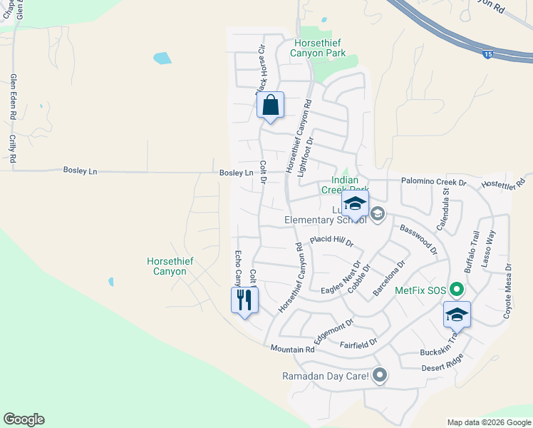 map of restaurants, bars, coffee shops, grocery stores, and more near 13200 Roan Circle in Corona