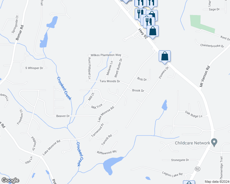 map of restaurants, bars, coffee shops, grocery stores, and more near 2945 Kearstin Court in Douglasville