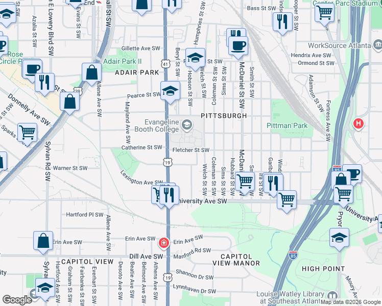 map of restaurants, bars, coffee shops, grocery stores, and more near 580 Fletcher Street Southwest in Atlanta