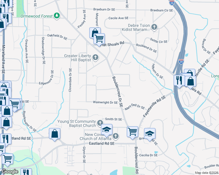 map of restaurants, bars, coffee shops, grocery stores, and more near 1384 Lochland Road Southeast in Atlanta