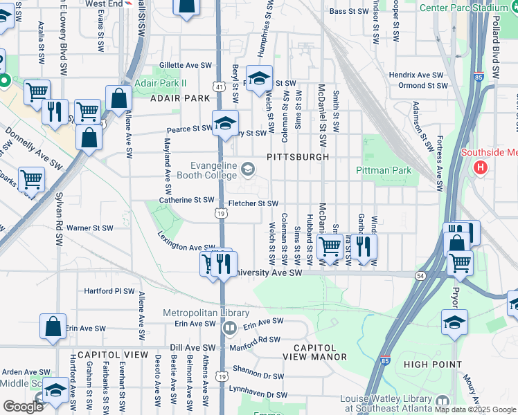 map of restaurants, bars, coffee shops, grocery stores, and more near 548 Fletcher Street Southwest in Atlanta