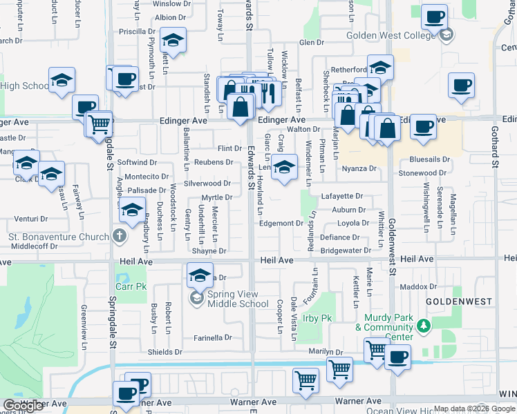 map of restaurants, bars, coffee shops, grocery stores, and more near 16291 Howland Lane in Huntington Beach