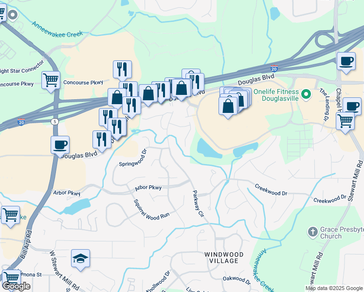map of restaurants, bars, coffee shops, grocery stores, and more near 6846 Lakewood Terrace in Douglasville