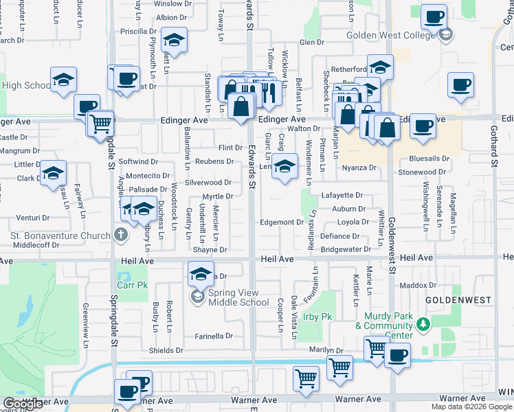 map of restaurants, bars, coffee shops, grocery stores, and more near 16262 Brimhall Lane in Huntington Beach