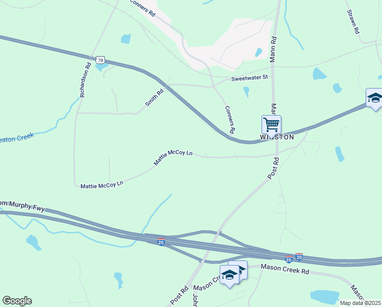 map of restaurants, bars, coffee shops, grocery stores, and more near 7866 Mattie McCoy Lane in Winston