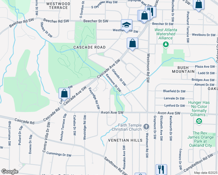 map of restaurants, bars, coffee shops, grocery stores, and more near 166 Belmonte Drive Southwest in Atlanta