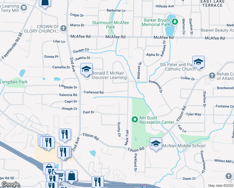 map of restaurants, bars, coffee shops, grocery stores, and more near 2133 Trailwood Road in Decatur