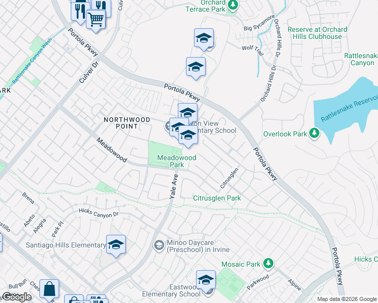 map of restaurants, bars, coffee shops, grocery stores, and more near 12100 Yale Ct in Irvine