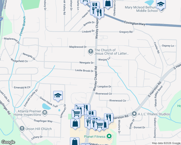 map of restaurants, bars, coffee shops, grocery stores, and more near 2481 Leslie Brook Drive in Decatur