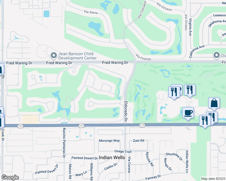 map of restaurants, bars, coffee shops, grocery stores, and more near 44828 Oro Grande Circle in Indian Wells