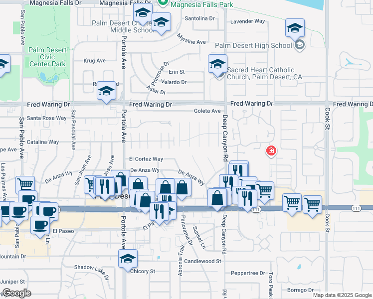 map of restaurants, bars, coffee shops, grocery stores, and more near 44475 Grand Canyon Lane in Palm Desert
