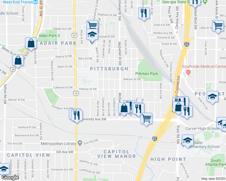map of restaurants, bars, coffee shops, grocery stores, and more near 1075 Hubbard Street Southwest in Atlanta