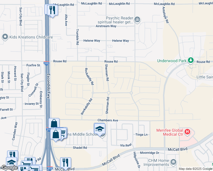 map of restaurants, bars, coffee shops, grocery stores, and more near Banjo Street in Menifee