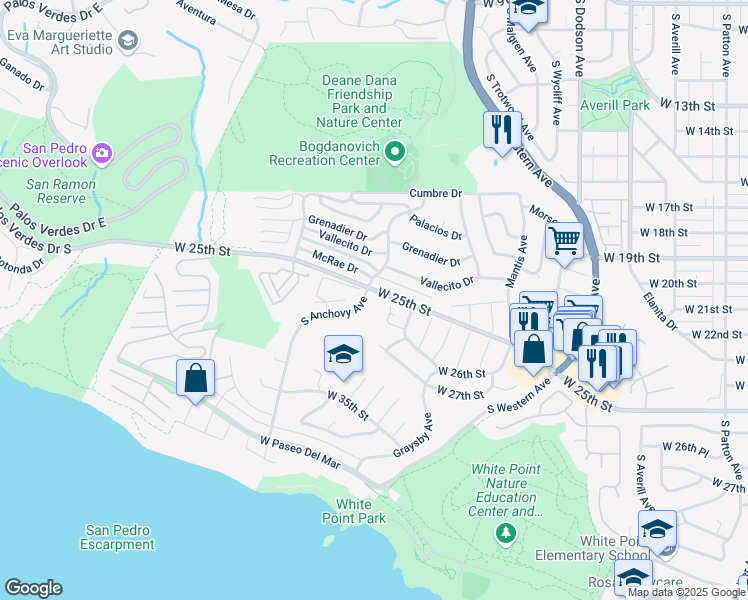 map of restaurants, bars, coffee shops, grocery stores, and more near 2510 South Anchovy Avenue in San Pedro