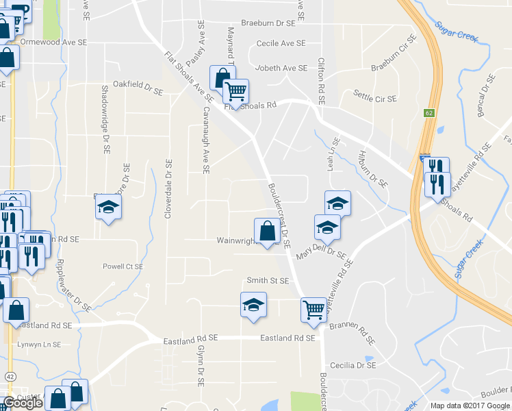 map of restaurants, bars, coffee shops, grocery stores, and more near 1378 Lochland Road Southeast in Atlanta