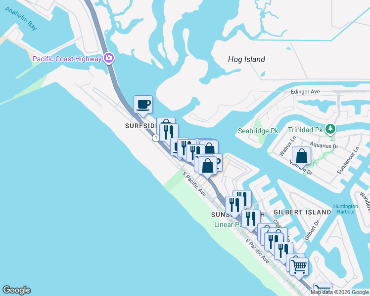 map of restaurants, bars, coffee shops, grocery stores, and more near 16255 Pacific Circle in Huntington Beach